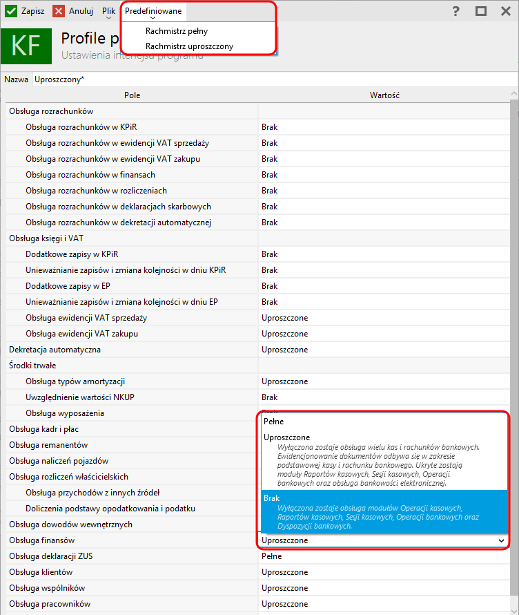 Jak wspomniano wcześniej, program udostępnia dwa predefiniowane profile pracy, które użytkownik może dostosowywać do własnych potrzeb.