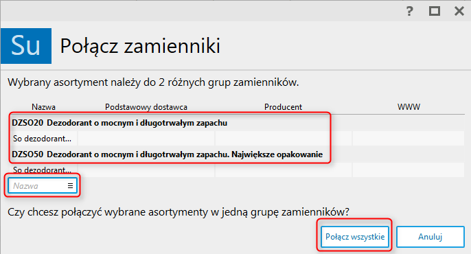 Wersja V2 Sekcja zamienniki (sekcja ta dostępna jest w linii PRO) (Su) W tej sekcji można określić, czy dana pozycja stanowi zamiennik dla innej pozycji asortymentowej.