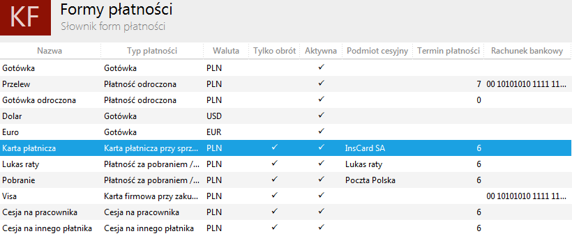 Możliwość deaktywowania form płatności (Su, Ra, Re) W słowniku form płatności istnieje możliwość deaktywowania form płatności, które nie są