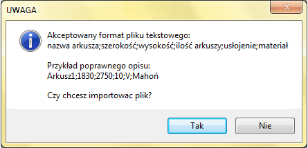 4) Import - pozwala na zaimportowanie plików w następujących formatach: plików formatek CadRozkroj1 - pozwala wczytać z dysku listę formatek utworzoną w poprzednich wersjach programu; plików