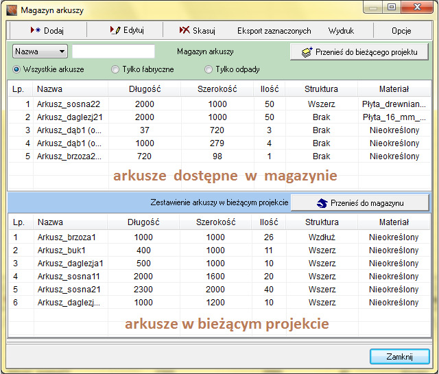 55 przycisk Pobierz z magazynu W oknie Dodaj/edytuj arkusze można określić następujące dane: nazwa - analogicznie jak w przypadku dodawania formatek, nazwą arkusza może być dowolny tekst, który można