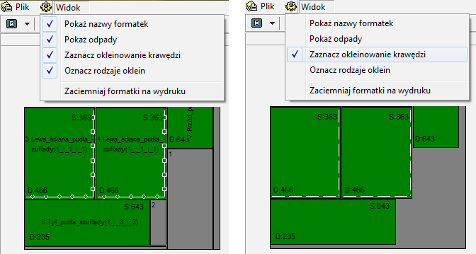 Rys. 78 okno Opcje wydruku, wybór czcionki Funkcje górnego menu: Widok Pokaż nazwy formatek - powoduje wyświetlanie nazw rozłożonych formatek (Rys.