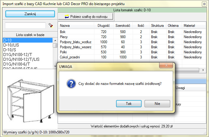składowych, czy nie (Rys. 110); szafka zostaje dodana na listę rozkroju, i po dodaniu arkuszy można uzyskać optymalny wzorzec jej rozkroju. Rys. 110 przykładowa lista formatek szafki Uwaga!