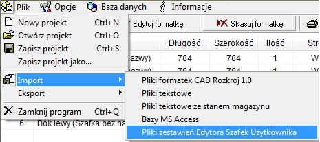 W oknie Zestawienia elementów konstrukcyjnych na dwóch listach, osobnych dla korpusu i dla frontów, rozpisane są części składowe wybranej szafki, z podaniem wszystkich niezbędnych parametrów.