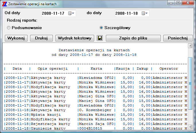 Raport szczegółowy, gdzie przedstawione są poszczególne operacje wykonywane na kartch z opisem: data, rodzaj operacji, nazwa i kod karty, pobrana kaucja, cena zakupu. 4.6.