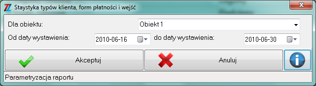 4.7.4. Statystyka typów klienta, form płatności i wejść W raporcie tym parametry jakie można ustawić to obiekt (ma zastosowanie w konfiguracji wielo-obiektowej) oraz przedział czasowy, dla jakiego