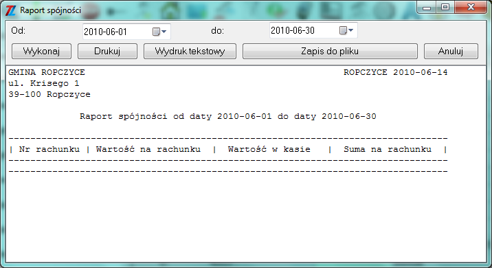 4.7.12. Raport spójności Raport ten sprawdza zgodność kwoty jaka pojawiła się na rachunku z kwotą zapisaną w operacjach kasowych.