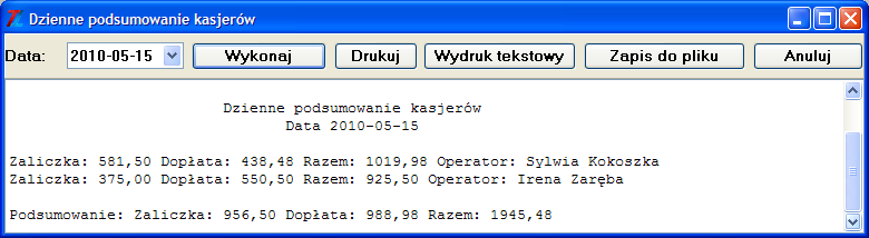 4.8. Rozliczenie kasjerów 4.8.1. Dzienne podsumowanie kasjerów W raporcie tym pokazane są wpływy gotówkowe z wszystkich operacji kasowych dla poszczególnych kasjerów oraz podsumowanie.