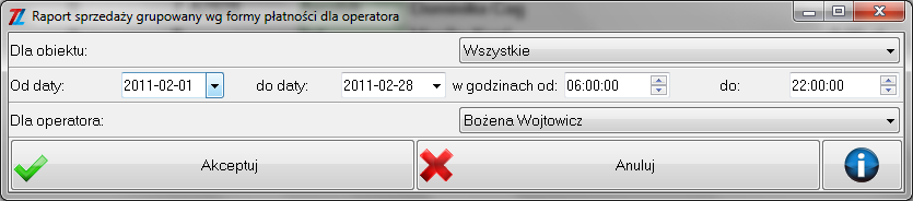 4.10.4. Raport sprzedaży grupowany wg formy płatności dla operatora Raport ten ma dodatkowo możliwość ustawienia przedziału godzinowego.