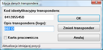 Krok 3 Są tu wyświetlone informacje o numerze i nazwie paska transponderowego, który zostanie zapisany do bazy danych po naciśnięciu przycisku Zakończ.