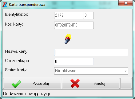 Wówczas pojawi się okno Dodanie nowej pozycji (jak pokazano poniżej), w którym automatycznie jest nadany numer identyfikacyjny karty i numer obiektu, oraz zostaje odczytany jej kod.