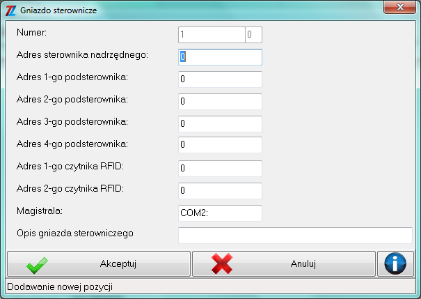 Należy wypełnić pola: Adres sterownika nadrzędnego: wpisać adres, który jest na sterowniku, (liczby od 1 do 255 ).