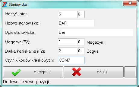 Domyślne stanowisko. Jeśli w konfiguracji będzie ustawiona wartość 0, to stanowiska będą nieaktywne.