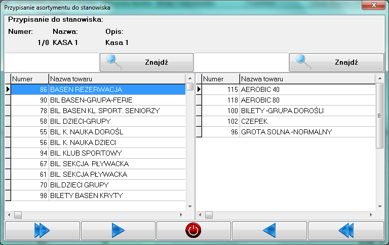 W oknie tym należy dodać odpowiedni asortyment do wybranego stanowiska. W górnej części okna są informacje, jakie stanowisko jest konfigurowane.