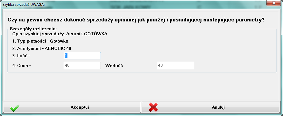 Przyjazna nazwa: należy wpisać krótki opis, np. Aerobik Gotówka. Po zdefiniowaniu listy "Szybka sprzedaż" można jej używać.