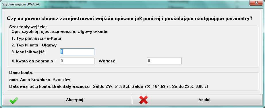 Program upewnia się, wyświetlając to okno i w przypadku, gdy operator naciśnie na przycisk "Akceptuj", transakcja zostanie zapisana na stałe w bazie, w przeciwnym przypadku, nic się nie zmieni.