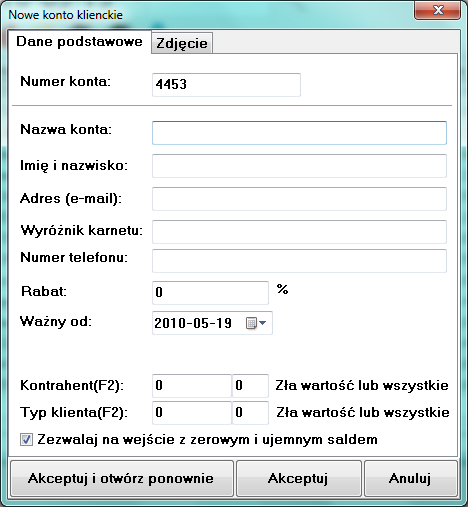 Na zakładce "Dane podstawowe" należy ustawić następujące parametry: Numer konta nadawany jest automatycznie przez system, nie można go zmienić.