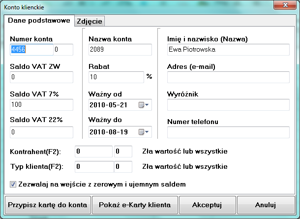 Są tu dostępne przyciski: Przypisz kartę do konta umożliwia przypisanie karty klientowi.