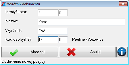 Wprowadzając kolejne stanowisko kasowe, należy kliknąć przycisk Dodaj i wprowadzić dane: Identyfikator wyświetla się automatycznie, jest to kolejny numer kasy, Nazwa wpisać należy nazwę kasy, która