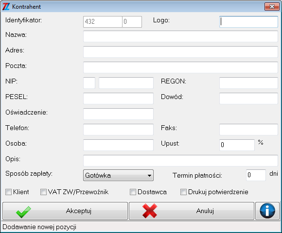 Dodanie nowego kontrahenta umożliwia przycisk Dodaj.
