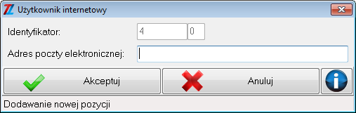 5.16. Użytkownicy internetowi Funkcja ta dostępna jest z menu okna głównego Tabele danych > Użytkownicy Internetowi, wyświetla okno, jak na przykładzie poniżej: Za pomocą przycisków można wprowadzać,