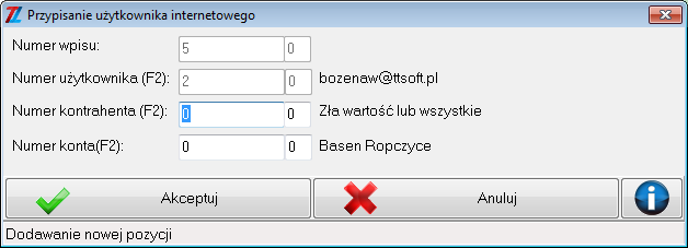 okno, które umożliwia przypisanie klientów. Poniżej pokazane jest okno, gdzie do jednego użytkownika są już przypisane dwa konta.