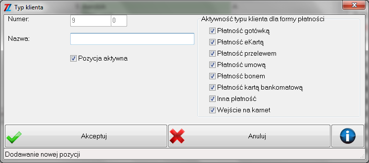 7.1. Typy klientów Po użyciu tej funkcji pokazuje się okno, przykład poniżej. Widać tu wprowadzone typy klienta. Są to rodzaje biletów wejściowych z wydaniem paska i naliczaniem czasu pobytu.