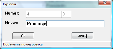 będą miały zastosowania na obiekcie, wówczas cennik jest konfigurowany tylko dla form płatności, jakie są przypisane do każdego typu klienta. 7.2. Typy dni Funkcja ta umożliwia wprowadzanie typów dni.