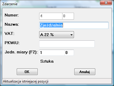 Należy wpisać: nazwę strefy, jej stawkę VAT i PKWiU, które to dane będą umieszczane na fakturze VAT. Wybrać jednostkę miary z okna, które uruchamia się po podwójnym kliknięciu lub użyciu klawisza F2.