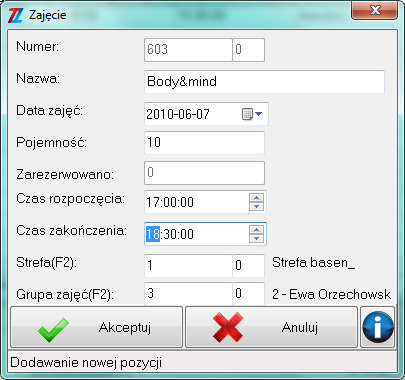 Dodanie pojedynczej pozycji jednego zajęcia. Przykładowe okno poniżej: Numer: system nadaje automatycznie. Nazwa: należy wpisać nazwę zajęć, którymi objęta będzie grupa.