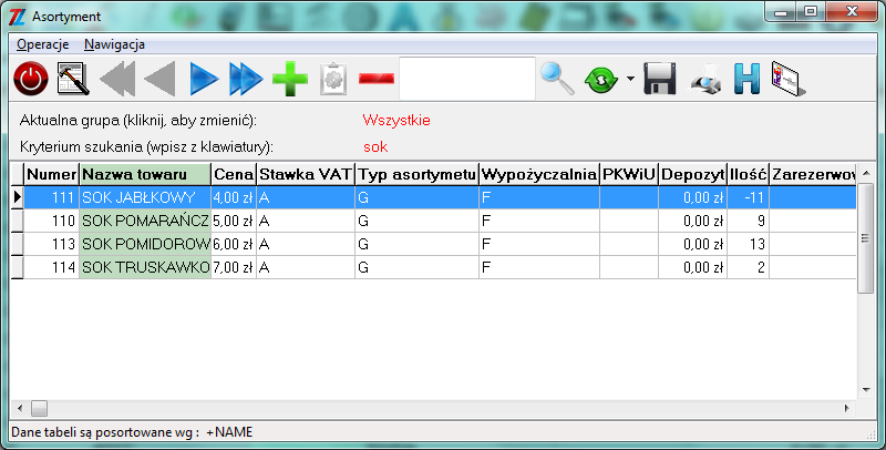 Linia Kryterium szukania umożliwia wyszukanie asortymentu po wpisaniu z klawiatury początkowych liter nazwy lub całej nazwy (będą się one pojawić w linii, aby wrócić do stanu wyjściowego, należy