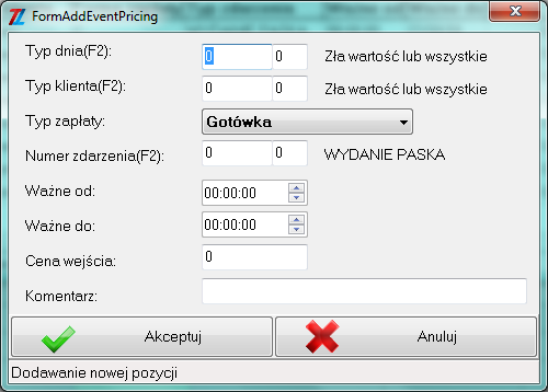 Przycisk Dodaj umożliwia dodanie nowej pozycji, pojawia się okno: Należy wypełnić: Typ dnia(f2): użycie klawisza F2 wyświetla okno z typami dni.