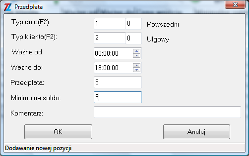 Typ dnia(f2): wybrać z tabeli, która pojawia się po użyciu klawisza F2 lub po podwójnym kliknięciu myszką. Typ klienta(f2): wybrać w sposób analogiczny, jak powyżej.