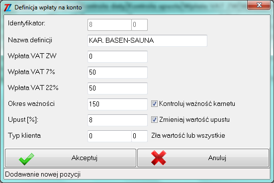 8.5. Definicja wpłat na konta W programie EObiekt istnieje możliwość wpłacania na konta klienckie zefiniowanych kwot w różnych stawkach VAT.