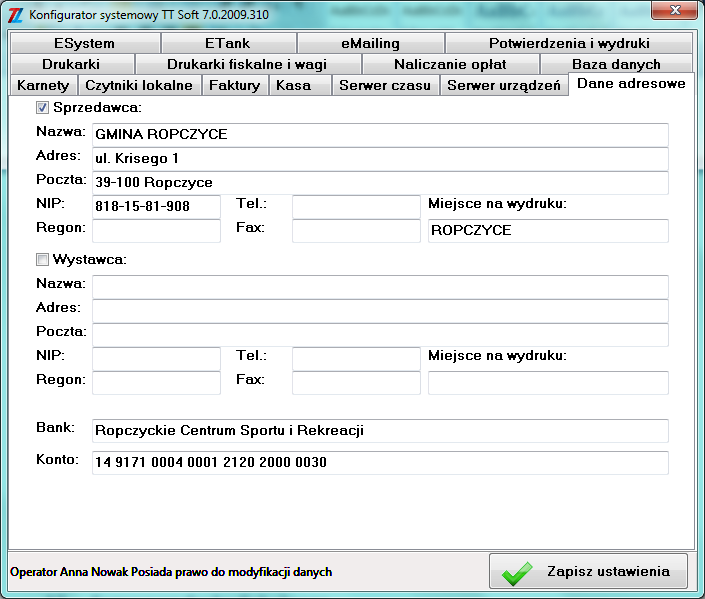 9.11. Dane adresowe Zakładka ta służy do wprowadzenia danych podstawowych sprzedawcy i