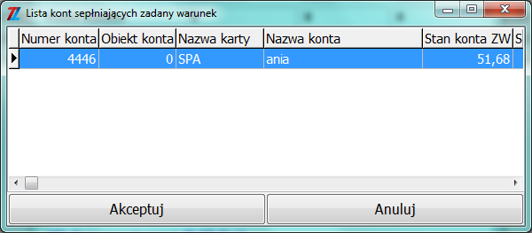 Zanim system ściągnie właściwe konto, pokaże jeszcze dodatkowe okno informacyjne, gdzie widać pozycje mające konto bądź nazwę karty o wpisanym numerze/nazwie. Przykład poniżej.