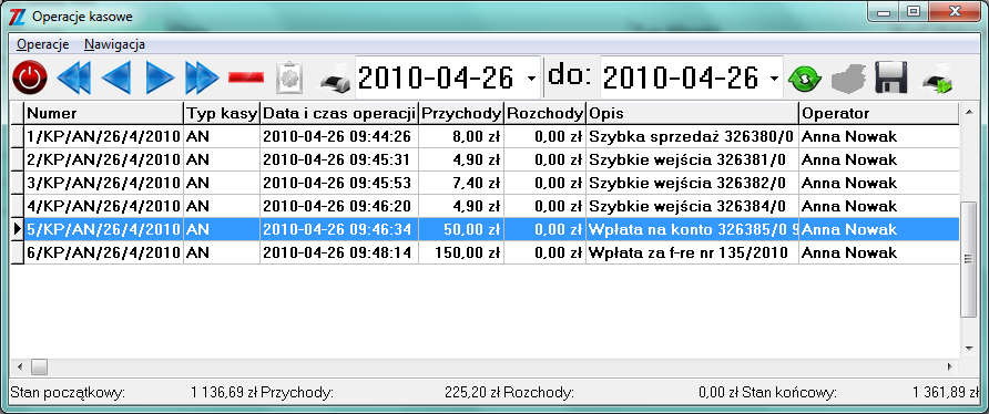 Okno to przedstawia, jakie operacje kasowe zostały przeprowadzone w czasie, określonym w nagłówku okna: Od dnia do dnia.