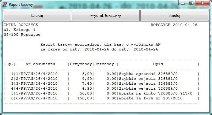 Aby wydrukować poszczególne pozycje raportu należy zaznaczyć odpowiednie KP lub KW i kliknąć myszką na ikonę, następnie otworzy się okno z podglądem wydruku wybranego dokumentu, jak widać to na