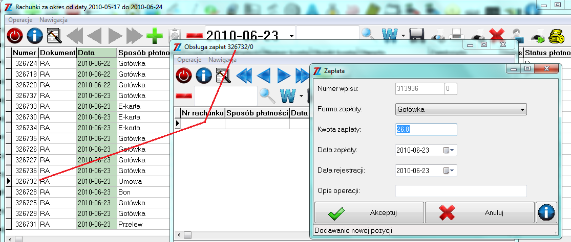 Po naciśnięciu ikony Dodaj na oknie Obsługa zapłat pojawia się formularz umożliwiający obsługę zapłat.