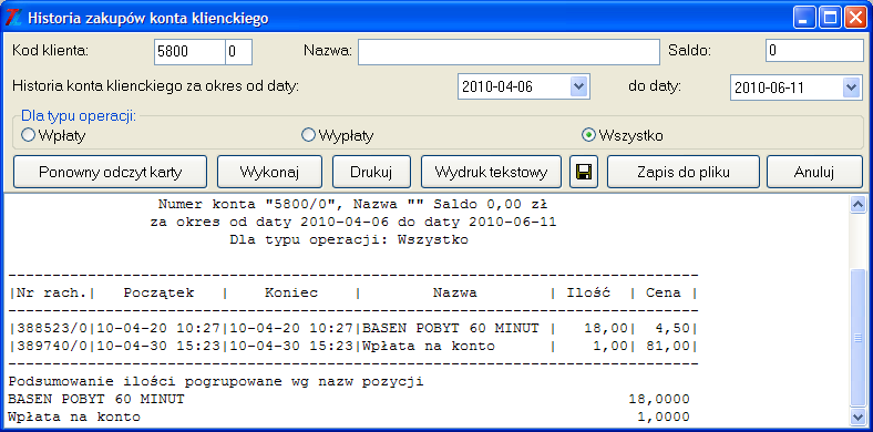 Funkcja ta jest dostępna podobnie jak Historia obrotów konta klienckiego z menu Przetwarzanie danych i z poziomu okna Konta klienckie oraz z ekranu głównego.