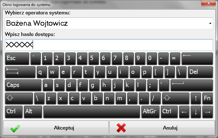 W polu "Wybierz operatora systemu" wpisuje się nazwę logowania, bądź też wybiera się z listy. Listę można rozwinąć klikając myszką na strzałkę, znajdującą się w prawym boku pola.