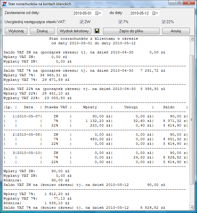 4.4.8. Stan rozrachunków na kontach klienckich Raport ten umożliwia kontrolę rozrachunków w wybranym okresie czasu z uwzględnieniem różnych stawek VAT.