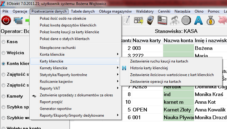 4.5. Karty klienckie Do przeglądania historii kart transponderowych służą przedstawione poniżej zestawienia. Funkcje te dostępne są z menu okna głównego Przetwarzanie danych Karty klienckie. 4.5.1.