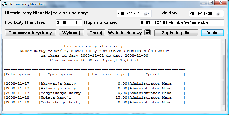 4.5.2. Historia karty klienckiej Funkcja ta umożliwia wgląd w historię karty klienckiej.