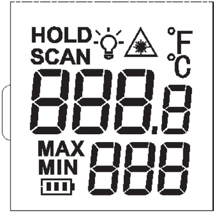 Instrukcja obsługi WYŚWIETLACZ Wskaźnik lasera HOLD/SCAN MAX/MIN Tryb SCAN (pomiar) lub HOLD (wyświetlanie ostatniego wyniku) Maksymalna i minimalna zmierzona wartość Wskaźnik naładowania baterii
