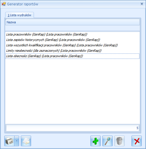 Rys. Lista wydruków Generatora Raportów Z poziomu okna listy wydruków Generatora Raportów możliwe jest wykonanie następujących operacji: - Wydruk danego raportu / Wybór opcji wydruku - Dodanie nowego