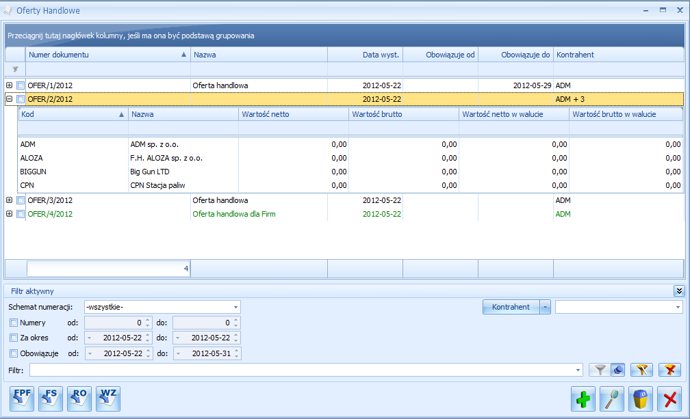 Str. 82 Moduł CRM v.2012.5.1 Pod listą znajdują się przyciski: Przycisk, umożliwiający przekształcenie oferty do Faktury Pro Forma, aktywny tylko dla ofert zapisanych na stałe.