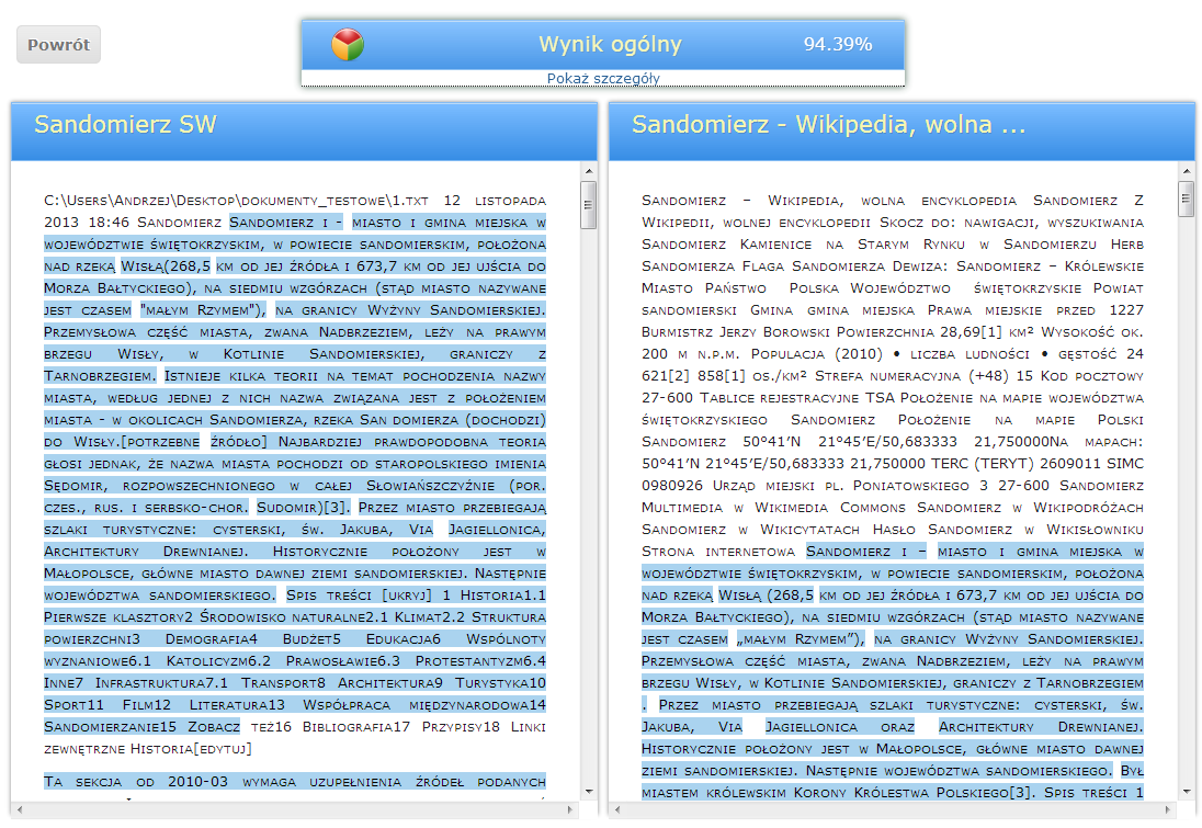 Po wyborze dokumentu źródłowego lista zostaje wzbogacona o znalezione fragmenty podobne i identyczne w ramach danego dokumentu. Dodatkowo dostępne są dwa przyciski: oraz.