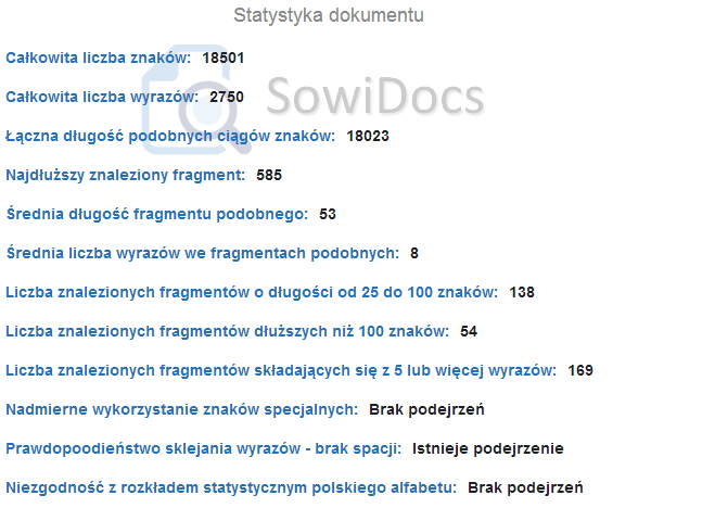 Rys. 25. Przykład wskaźników i informacji o pracy Wśród dostępnych informacji znaleźć można średnie długości znalezionych fragmentów podobnych i identycznych, liczone w znakach i wyrazach.