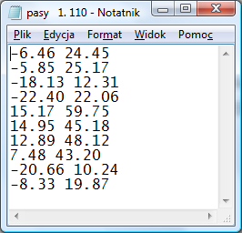 1.2. W folderze Pas ruchu statku/results znaleźć 20 plików pasy 1.??? o nr??? odpowiadających nr sekcji akwenu wskazanych przez instruktora (np. 110 1100m osi odniesienia).